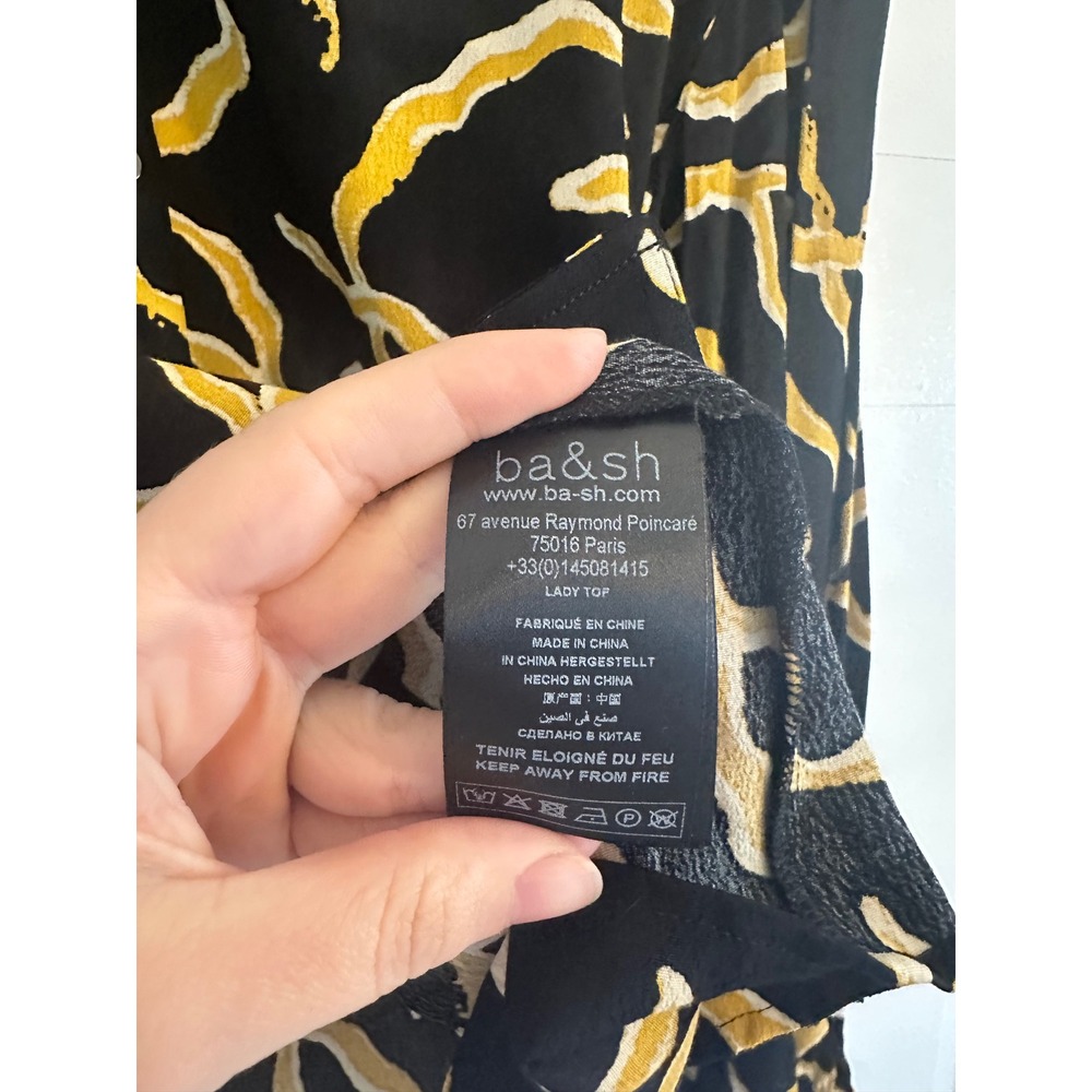 Ba&sh Clea Blouse‎ Noir Black Yellow Abstract Print V-Neck Button Top Size 3 NWT - Picture 5 of 7